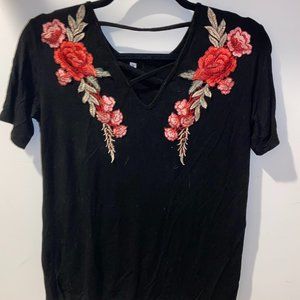 Black Embroidered Criss Cross Top